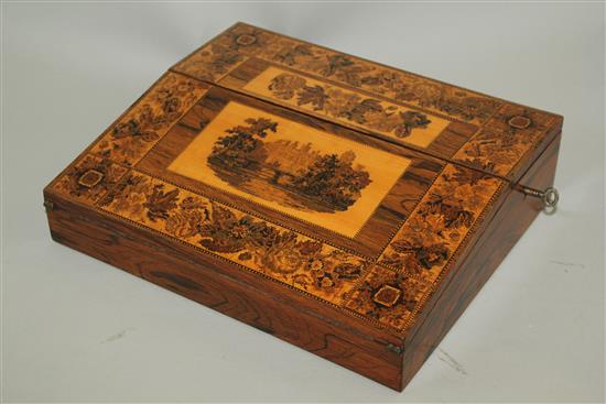 A Victorian rosewood Tunbridge ware writing slope, 12in.